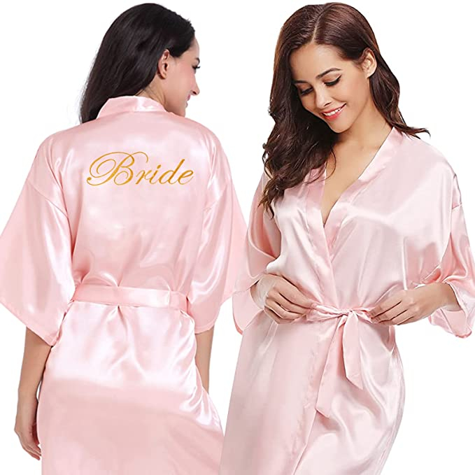 (155-165cm) Satin Morgenmantel Party Accessoire Bride Seiden Robe Junggesellinnenabschied - Rosa / Gold
