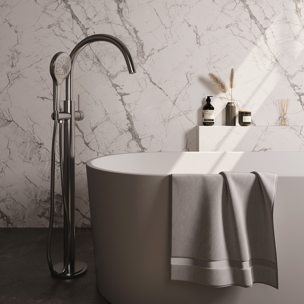 Brauer Stripe vrijstaande badmengkraan met 3 standen handdouche RVS geborsteld PVD