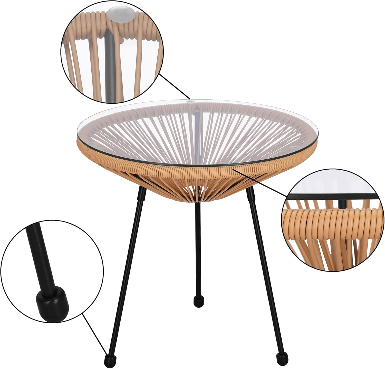 SPRINGOS Acapulco Gartenstühle 2er-Set inkl. Glastisch wetterfest Rattan Lounge Gartenmöbel Set Balkonstuhl rundes Design Terrasse Outdoor Loungechair