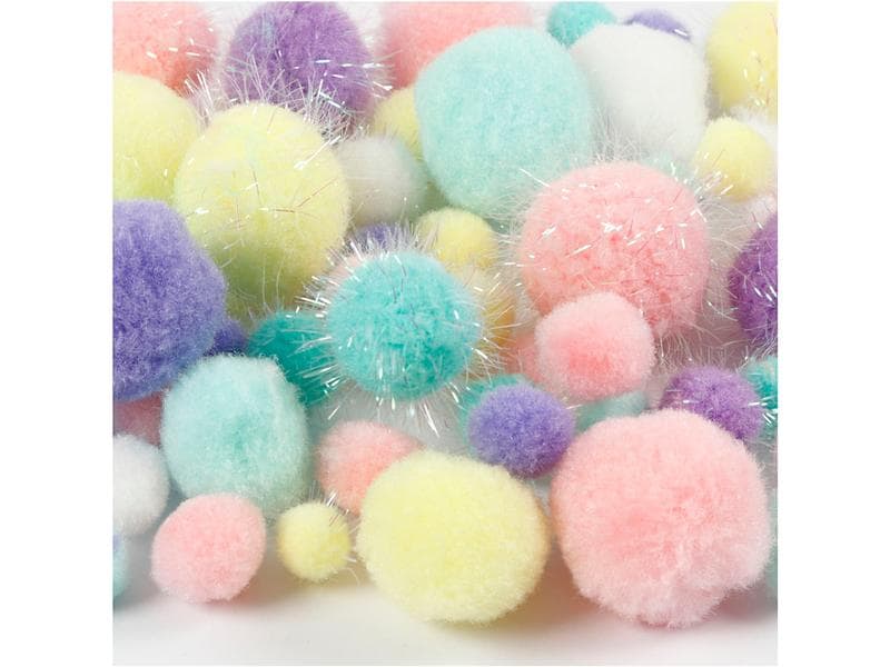 Creativ Company Pompon 15-40 mm 75 Stück, farbig assortiert Pastellfarbene Pompons mit Glitzereffekt