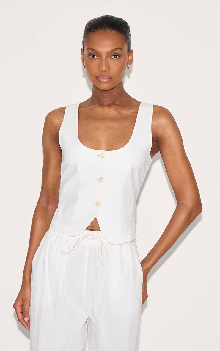 Blanc Gilet Ajusté Tailleur Col Arrondi Aspect Lin