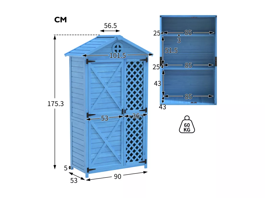 Abri de jardin en bois massif avec toit pente résistant aux intempéries - 2 portes 3 étagères - 90 x 56.5 x 175.3 cm - Bleu