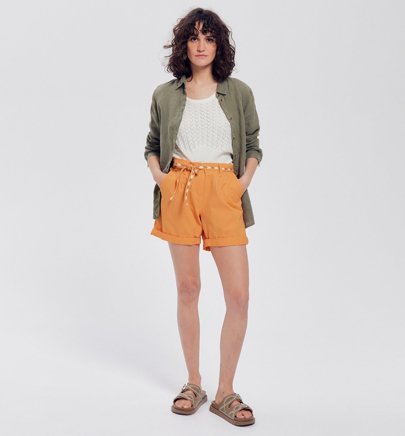 Short en toile + ceinture - Orange