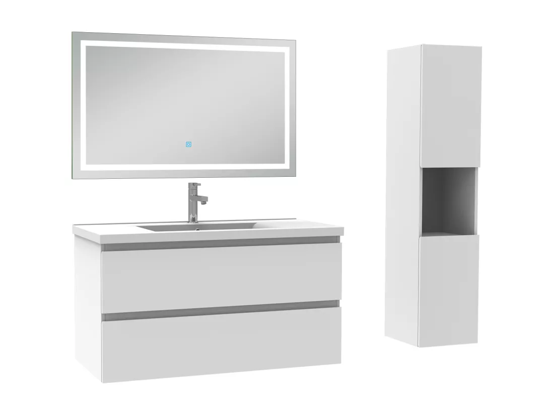 Ensemble meuble salle de Bain 100cm avec colonne et miroir 3 couleurs blanc