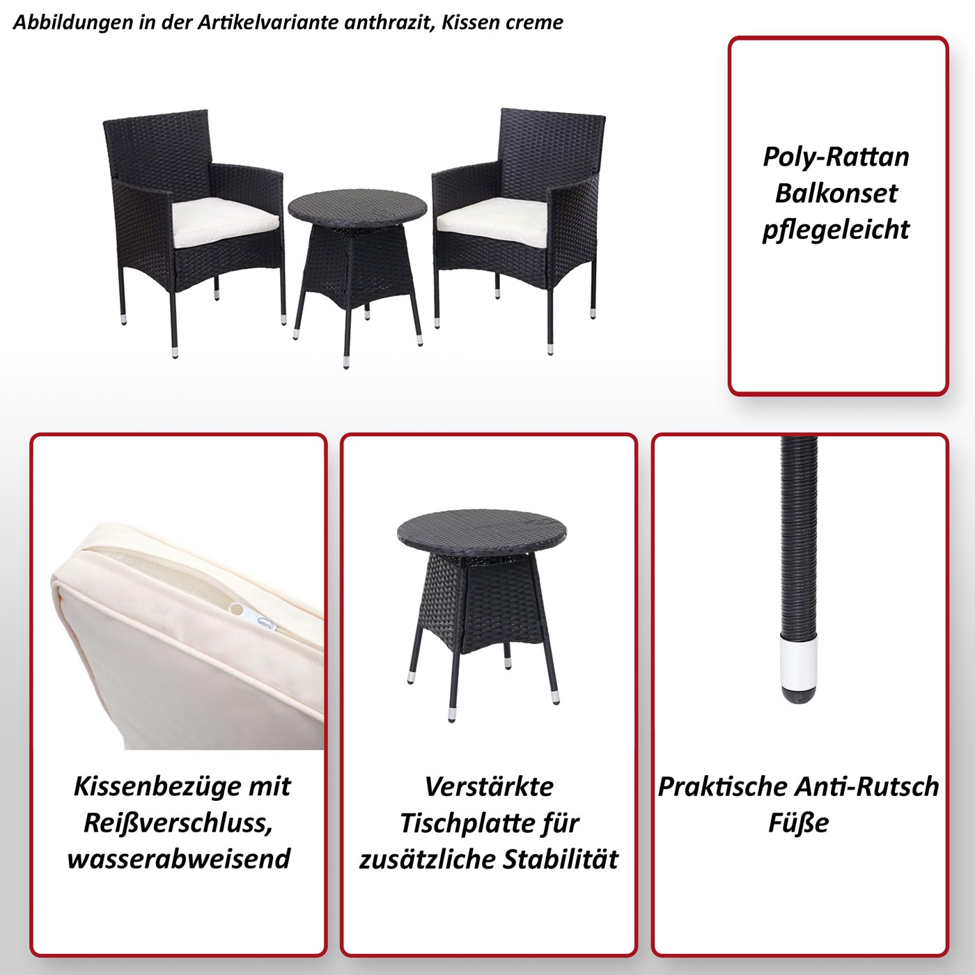 Poly-Rattan Balkonset MCW-G27, Sitzgarnitur Gartengarnitur Sitzgruppe, 2xSessel+Tisch ~ anthrazit, Kissen creme