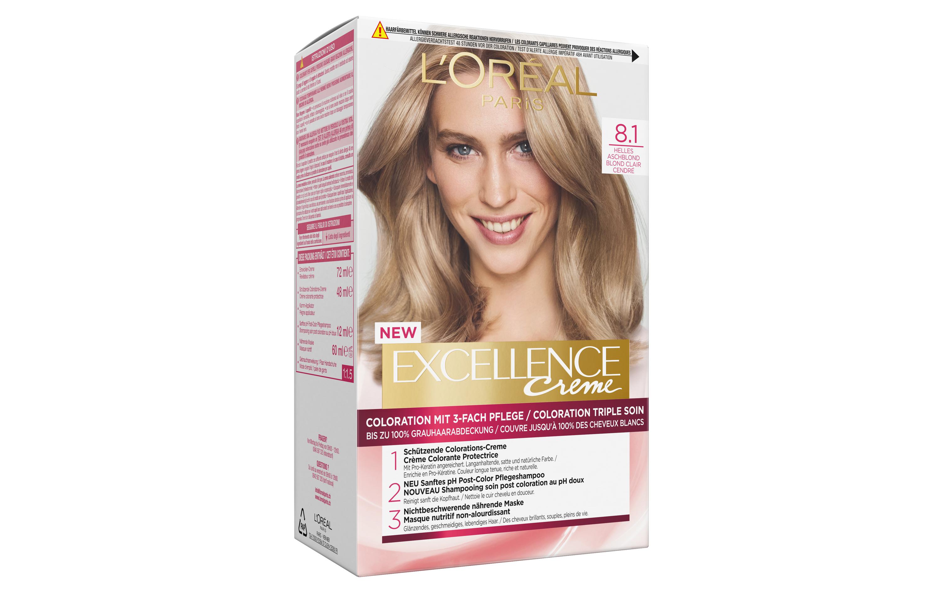 Haarcoloration 8.1 Helles Aschblond3-fach Pflege-Coloration