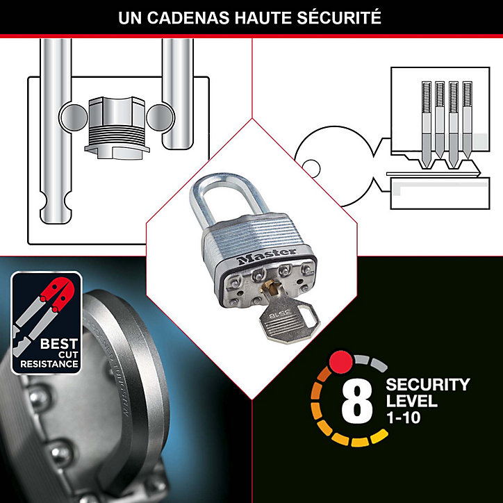 Cadenas à clé Master Lock Excell M1EURDLH acier laminé l.45 mm hauteur de l'anse 51 mm