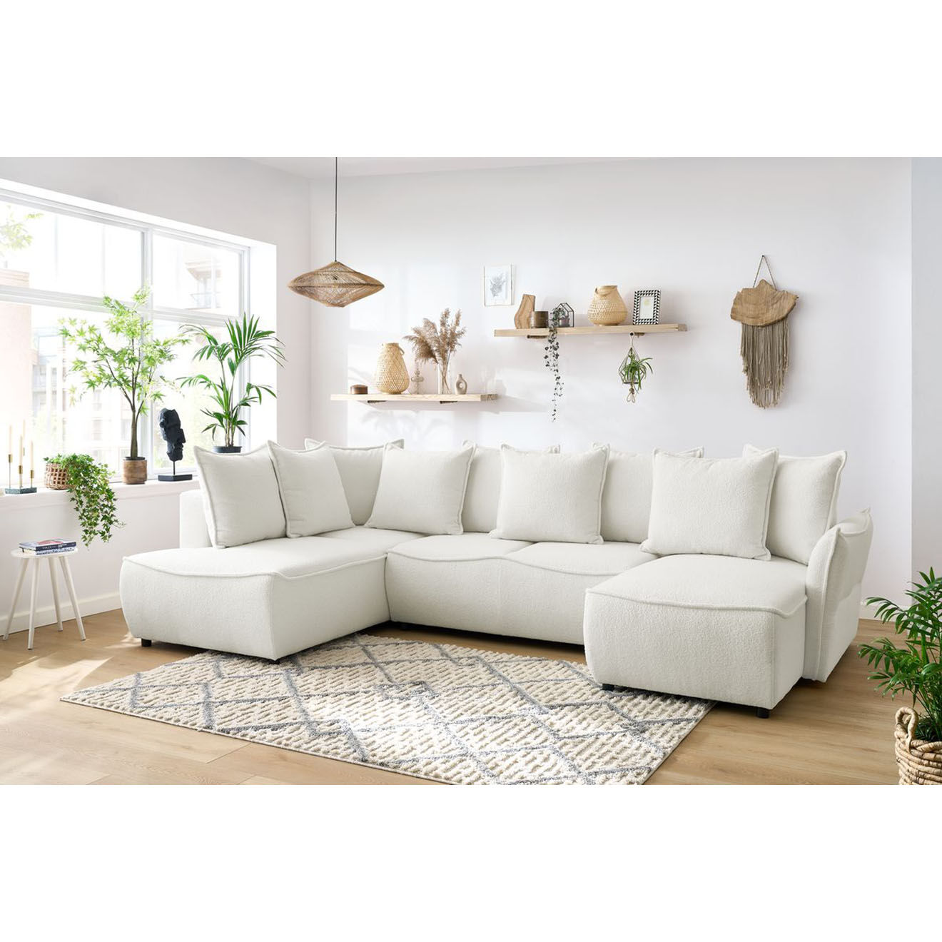 Bobochic Canapé panoramique convertible coffre d'angle droit bouclette léon blanc - 320x194x90 cm