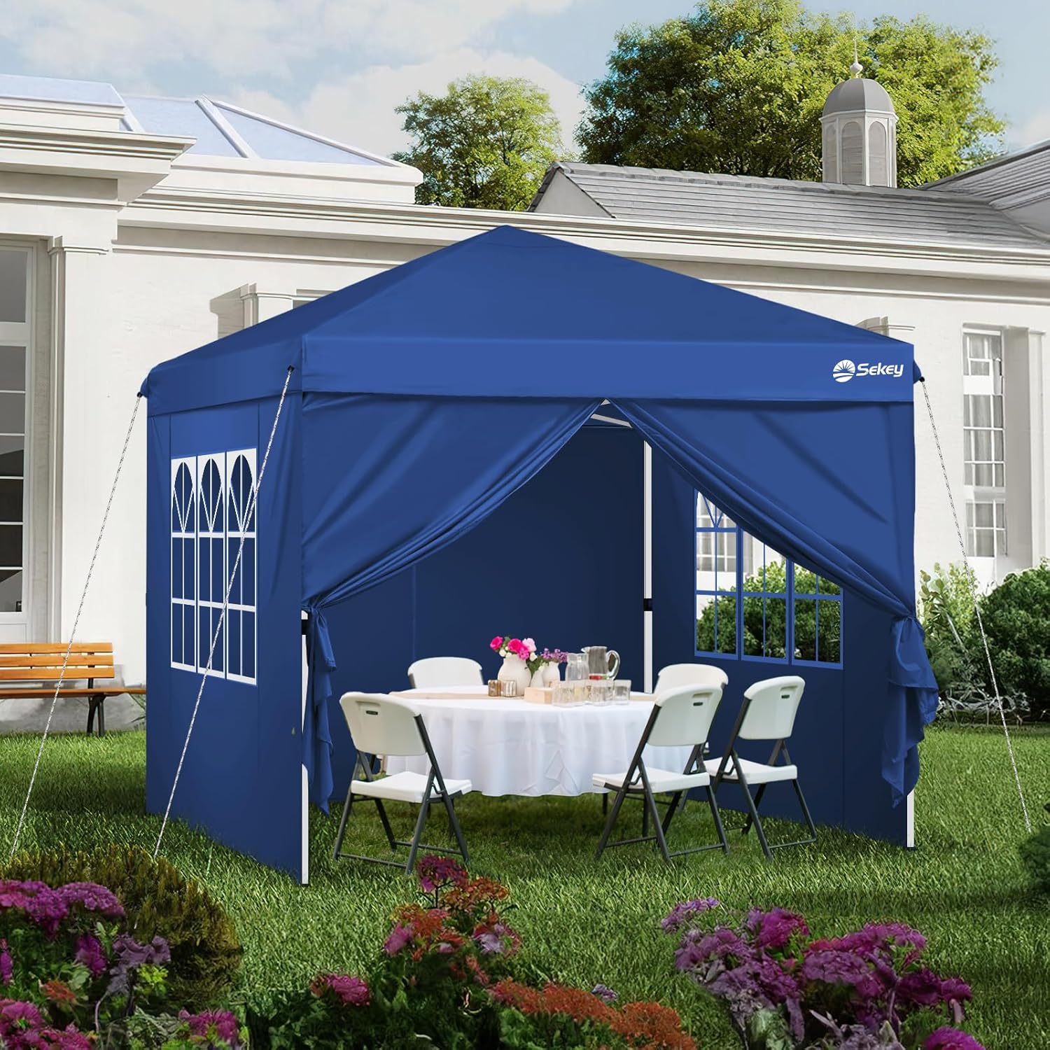 Sekey Pop Up Pavillon 3x3 Wasserdicht Stabil Winterfest, Faltpavillon 3 x 3 m, Camping Pavillion Faltbar Partyzelt mit Seitenwänden, Höhe Verstellbar in 3 Stufen, (Navy, Höhe 260)