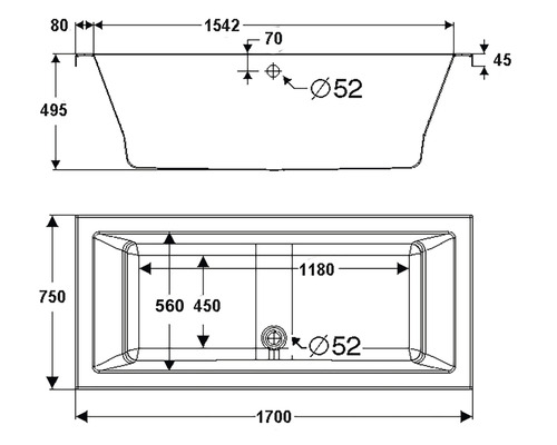 Inbouw whirlpool rechthoekig bad, lichaamsvormig bad OTTOFOND Matrix 75 x 170 cm, glanzend wit 56600