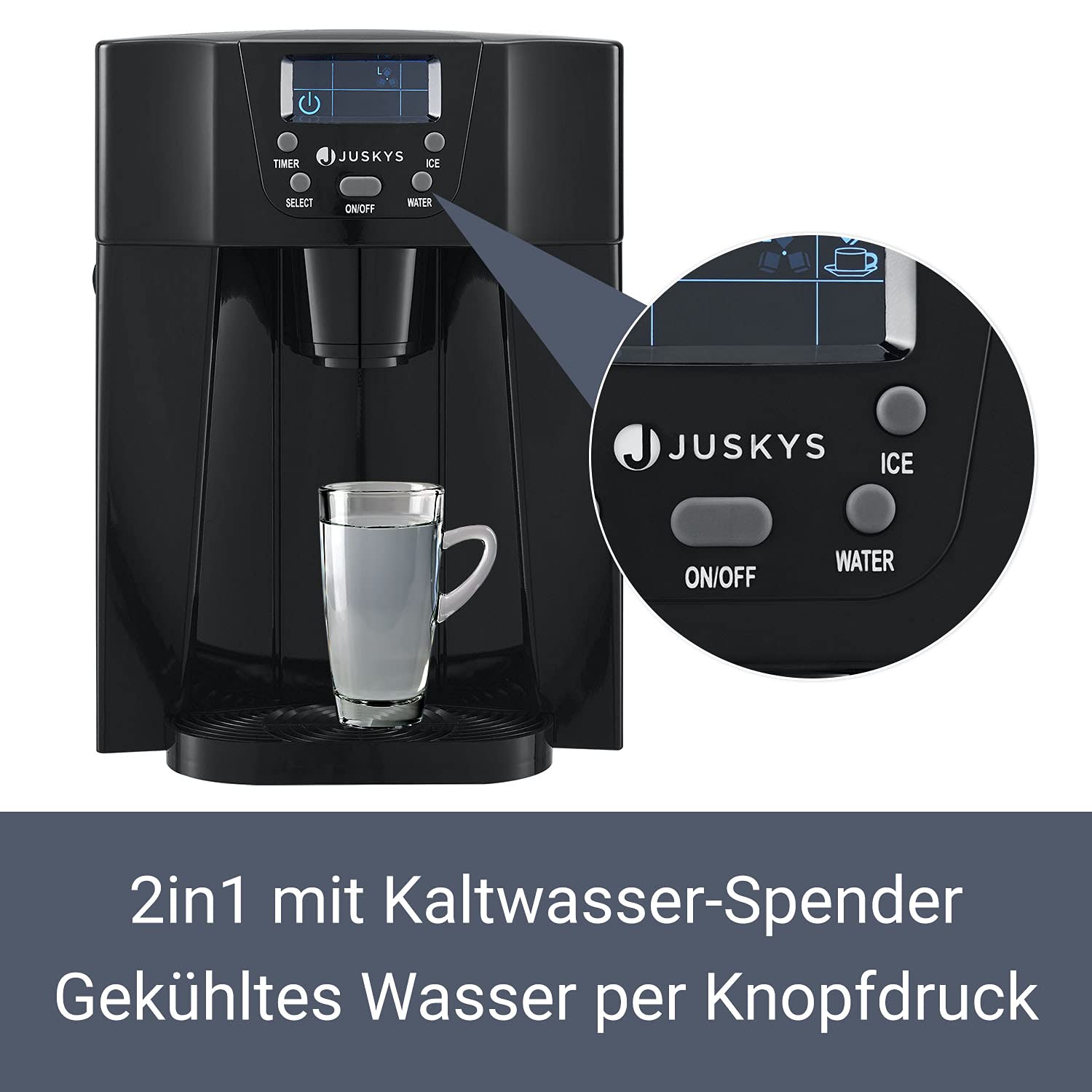 Juskys® Eiswürfelmaschine PIM200L mit 2in1 Direkt-Spender & Timer — bis 12kg / Tag, Eiswürfel in 6-10 Minuten, 2 Größen, 2L Tank — Eiswürfelbereiter schwarz