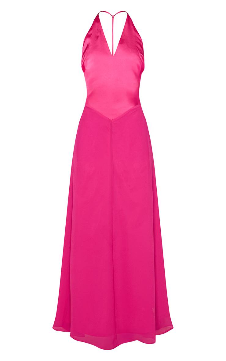 Rose Fuchsia Robe Longue Fuchsia En Satin À Bretelles Contrastées