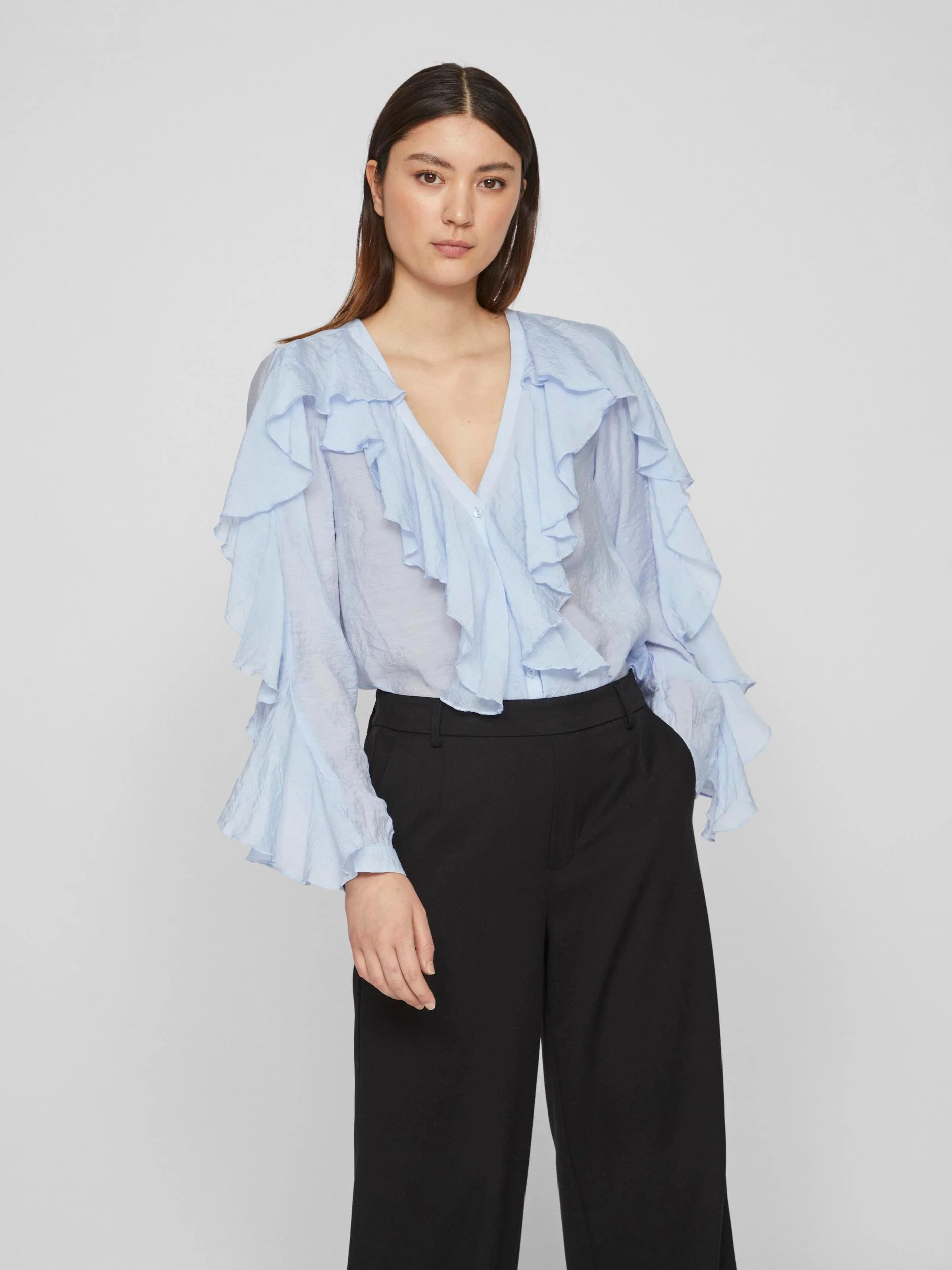 Vila  Vinabia V-neck L/S Flounce bluse - Kentucky Blue