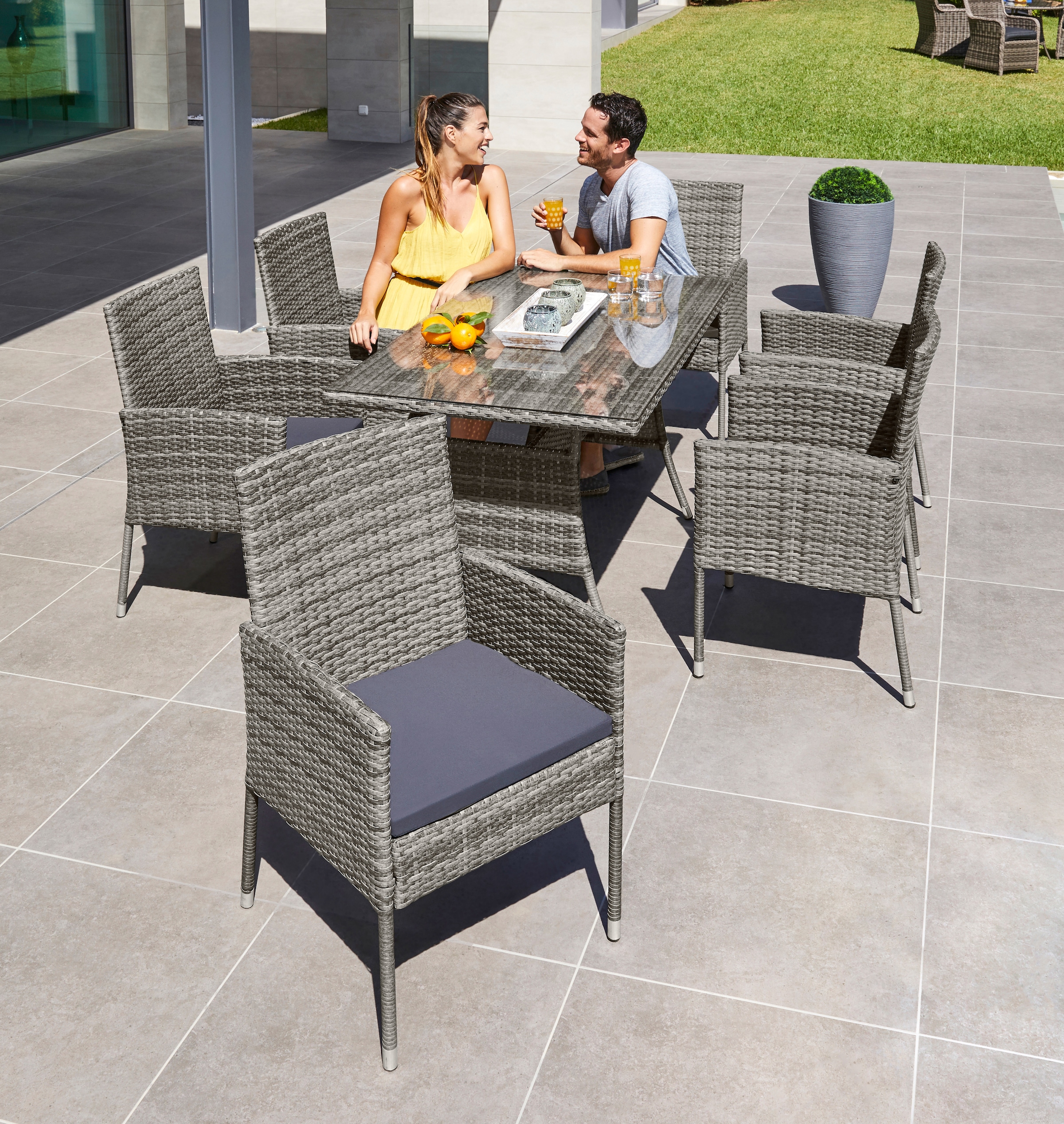 MERXX Garten-Essgruppe »Costa Rica, TOPSELLER!« 6x Sessel, 1x Tisch 140x80 cm, inkl. Sitzkissen, OTTOs Choice, 13 Stk. tlg. Polyrattan, Tischplatte aus Sicherheitsglas, Unser Dauertiefpreis