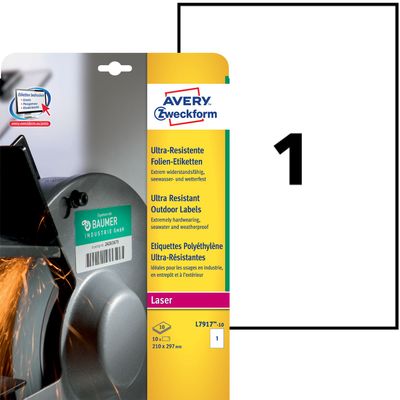 Avery - 10 Étiquettes ultra résistantes blanches - A4 - Impression laser - réf L7917-10
