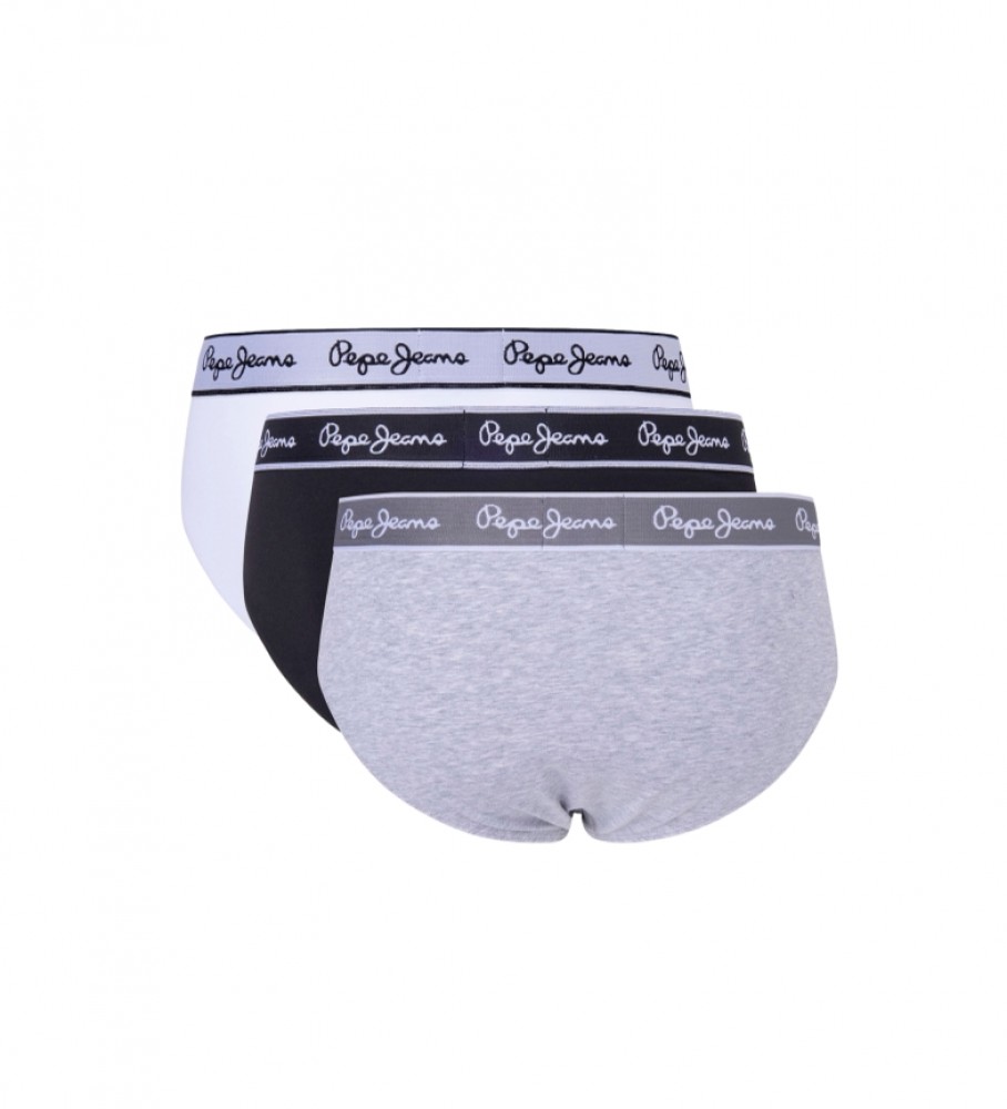 Pacote com 3 cuecas Pepe Jeans de algodão nas cores branca, preta e cinza.