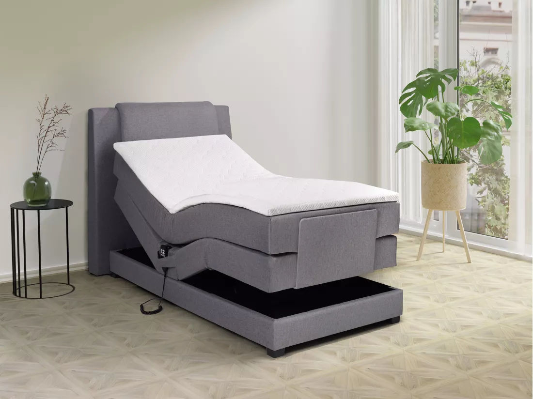 Ensemble complet boxspring tête de lit + sommiers relaxation électrique + matelas + surmatelas - 100 x 200 cm - Tissu - Gris clair - CASTEL II de PALACIO