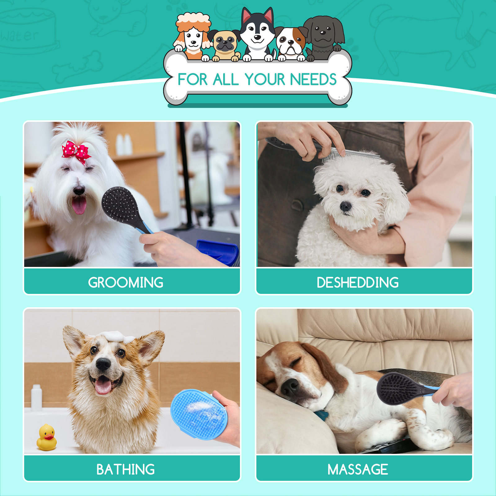 Escova dupla para cães e gatos 2 em 1, conjunto com 3 pentes profissionais para animais de estimação, escova de massagem desembaraçante com cerdas para pelos longos e curtos.