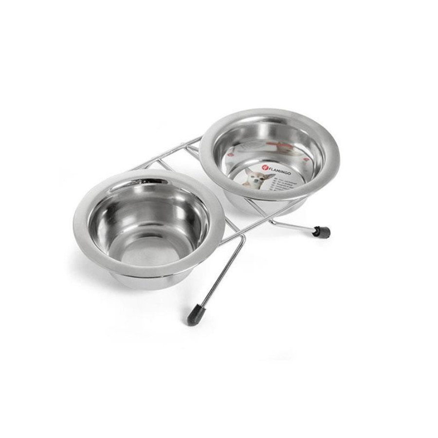 Alimentador duplo para animais de estimação em aço inoxidável com estampa de flamingo