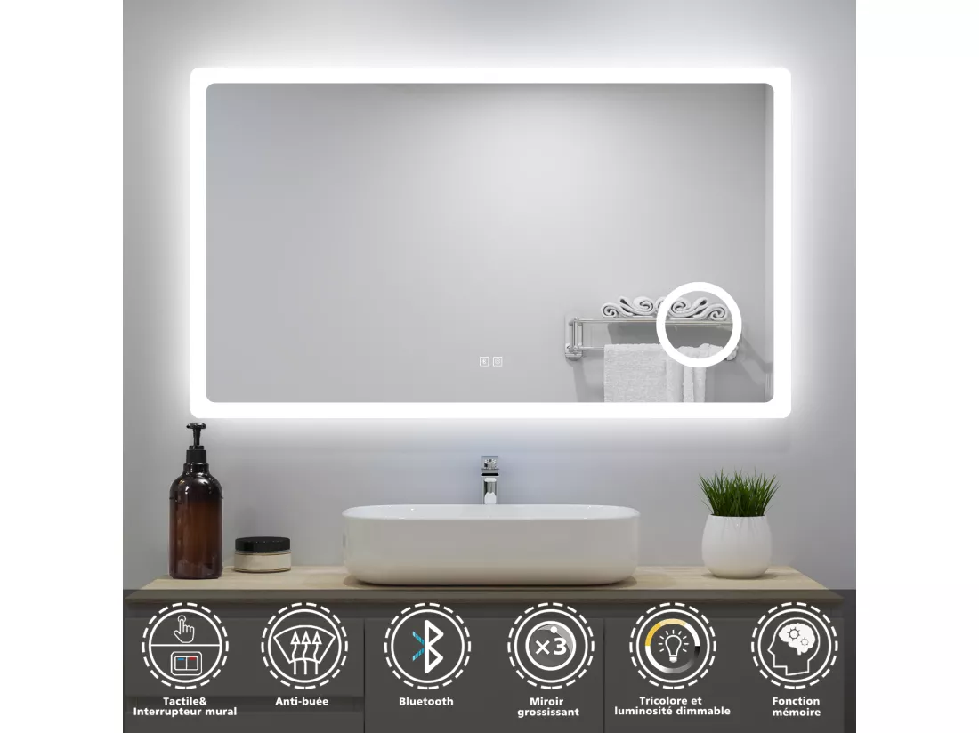 Aica Miroir de Salle de Bain LED avec Bluetooth 100 x 60cm, Miroir Lumineux avec 3 Couleurs + Anti-buée + grossissant 3x，Mural Miroir
