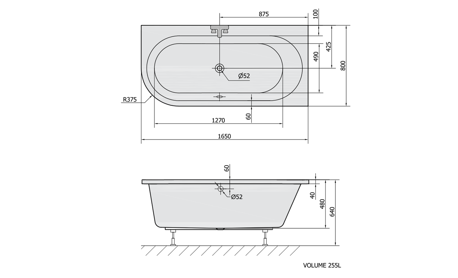 Polysan Astra asymmetrisch bad rechts 165x80x48cm wit