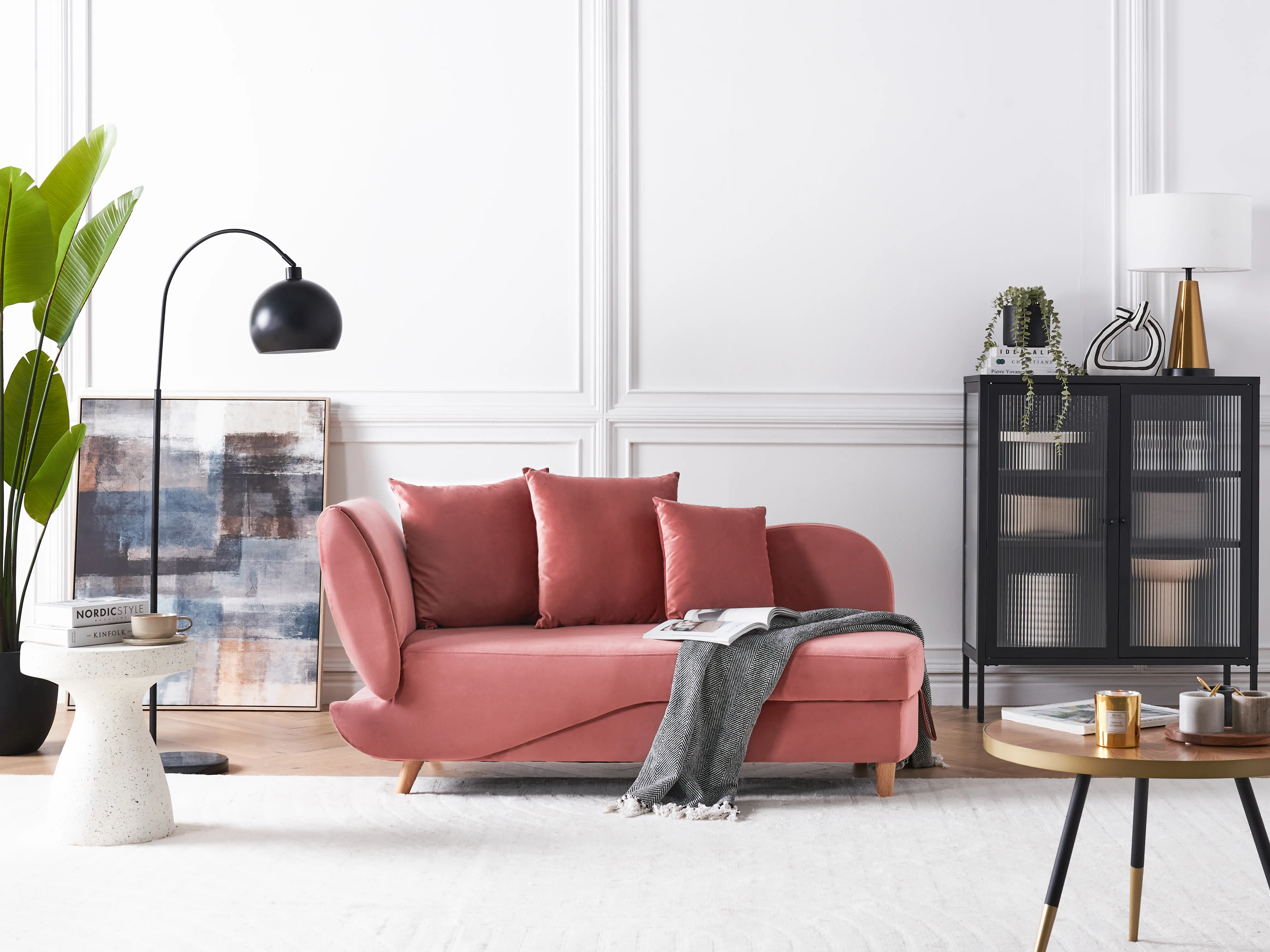 Linkszijdige chaise longue MERI Fluweel Roze met opbergruimte