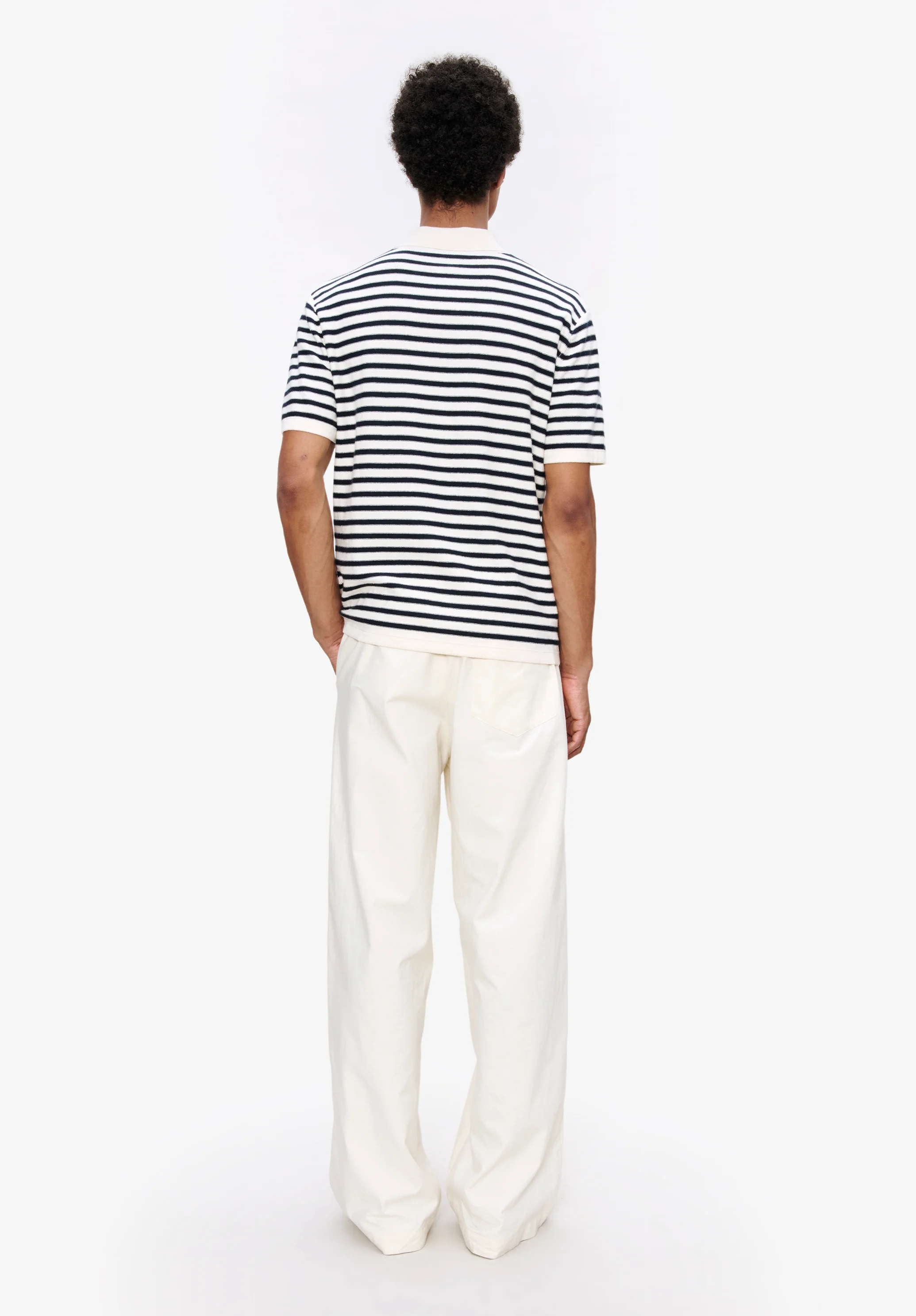 Polo rayé en mélange coton et cachemire - Ecru/dark navy