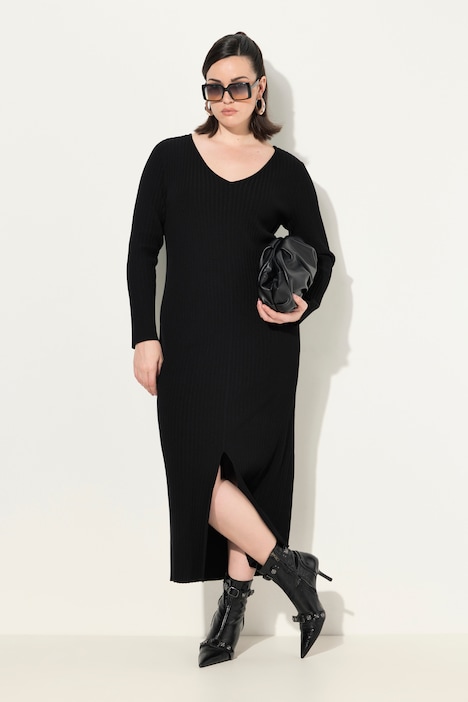 Maxi-Strickkleid, Rippstrick, Slim, V-Ausschnitt, Langarm