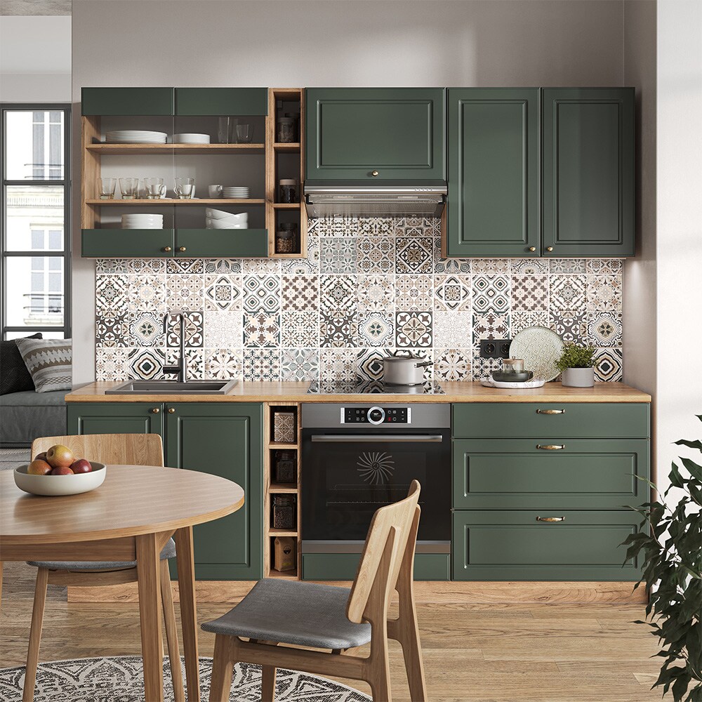Vicco Küchenzeile Küchenblock Einbauküche Fame-Line Landhaus Eiche Grün 235 cm Gold Küchen Schränke Hängeglasschrank Hängeschrank Schubladenunterschrank Spülenunterschrank Herdumbauschrank