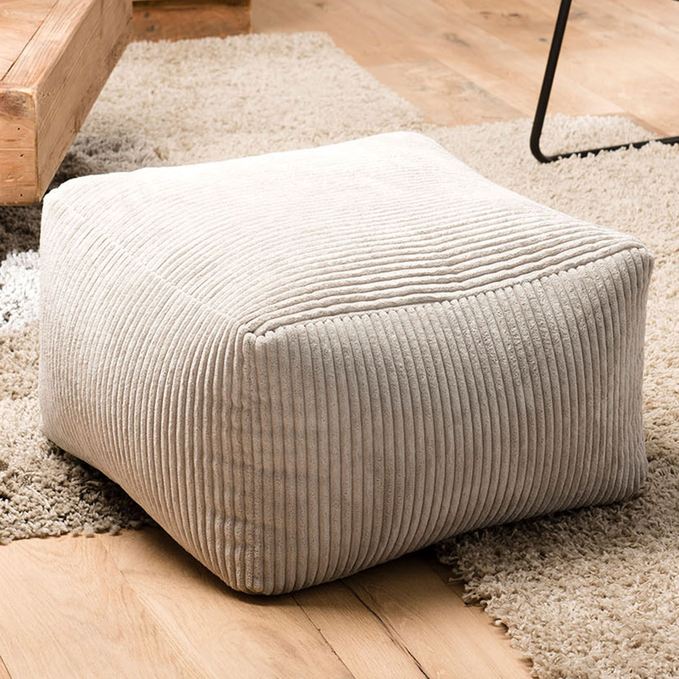 Macabane Pouf carré tissu velours cotelé agathe gris perle - 57x57x34 cm