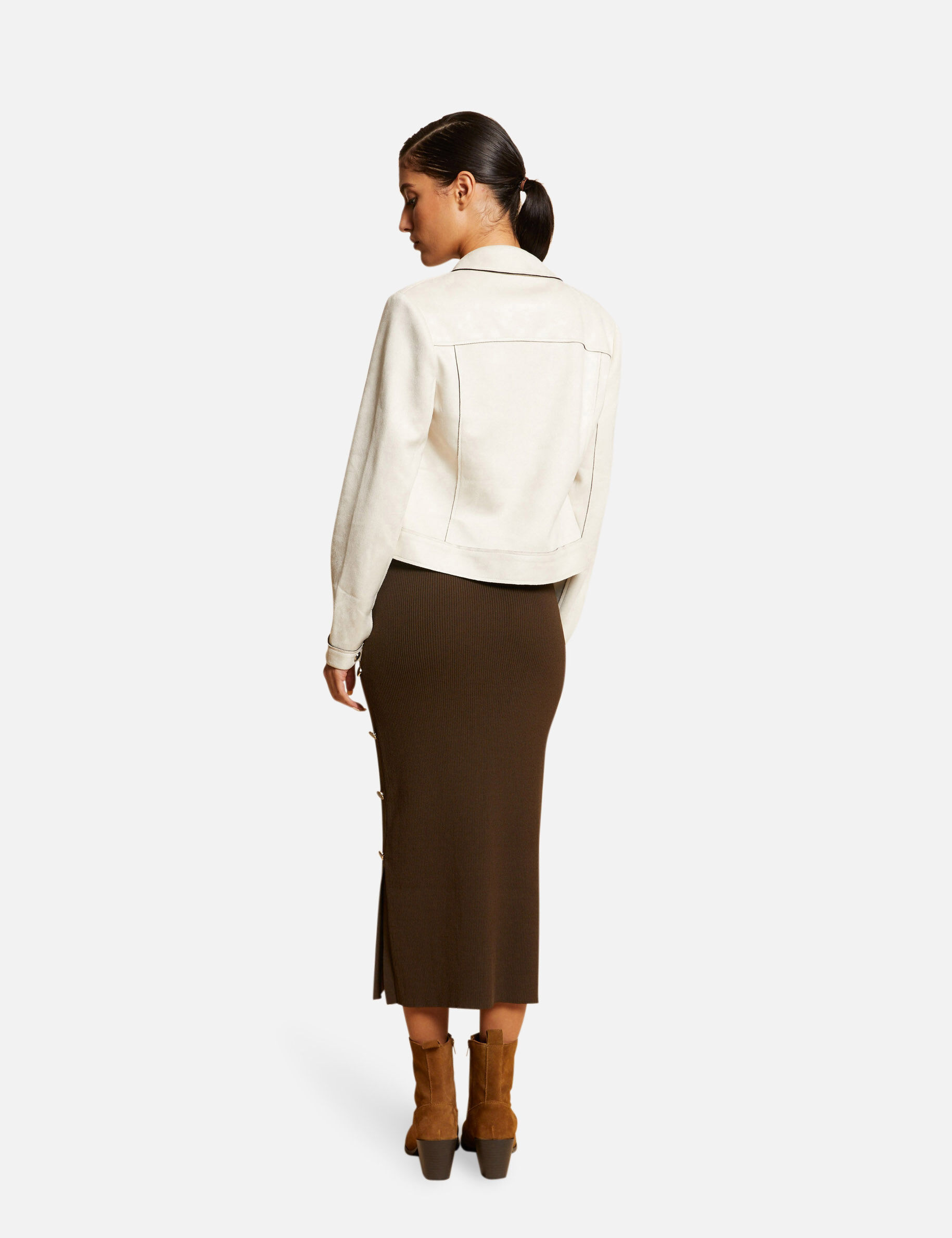 Blouson droit boutonné suédine ecru moyen femme - ecru_moyen