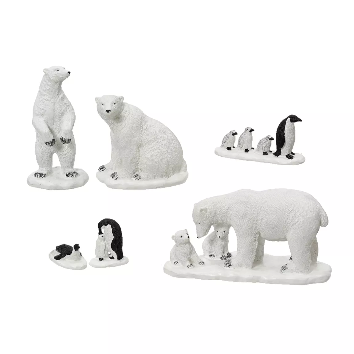 Lot de 3 ours polaires et 3 pingouins pour village de Noël