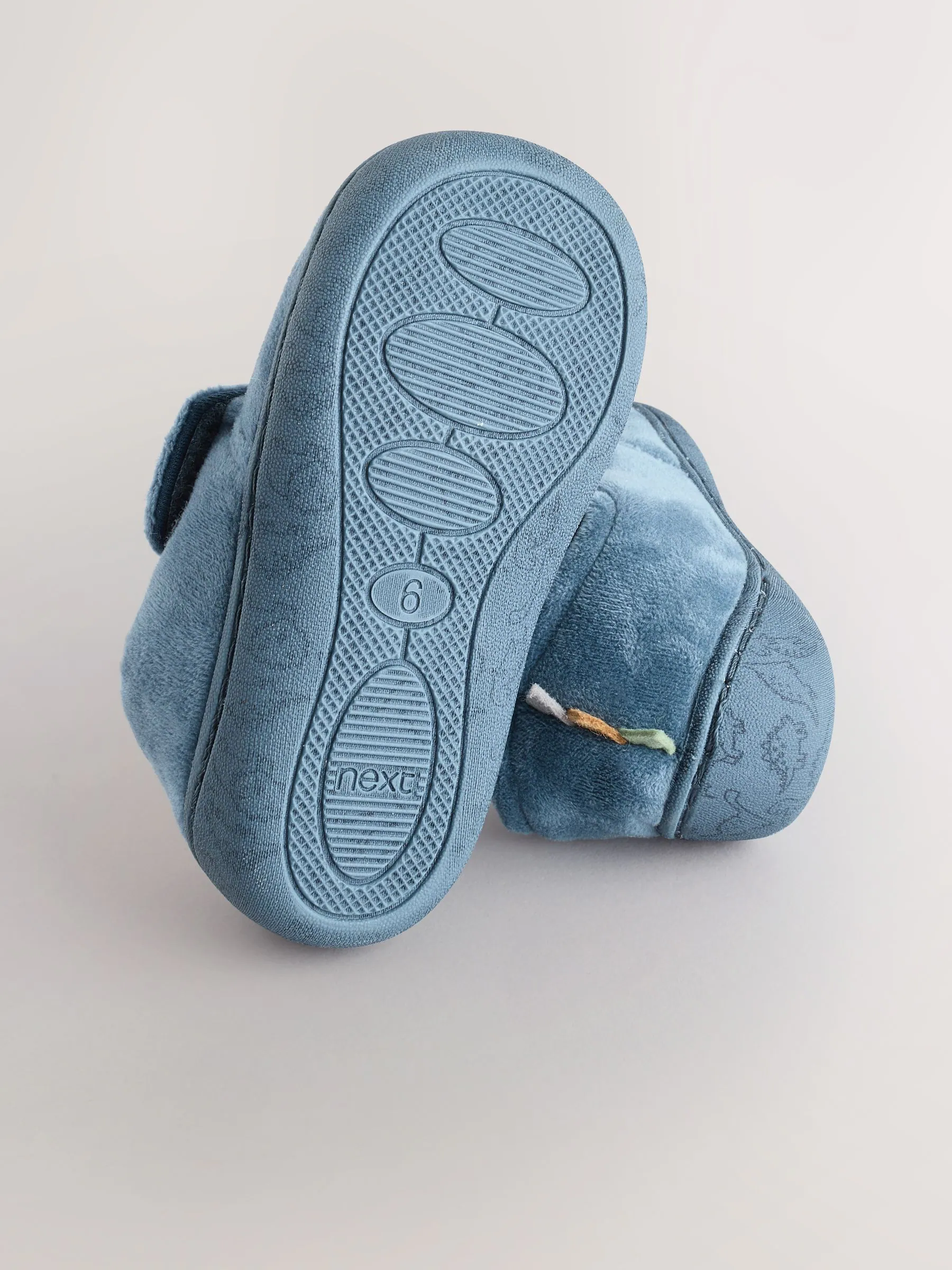 Blauw met dinosaurus - Warm gevoerde pantoffels met kuipzool