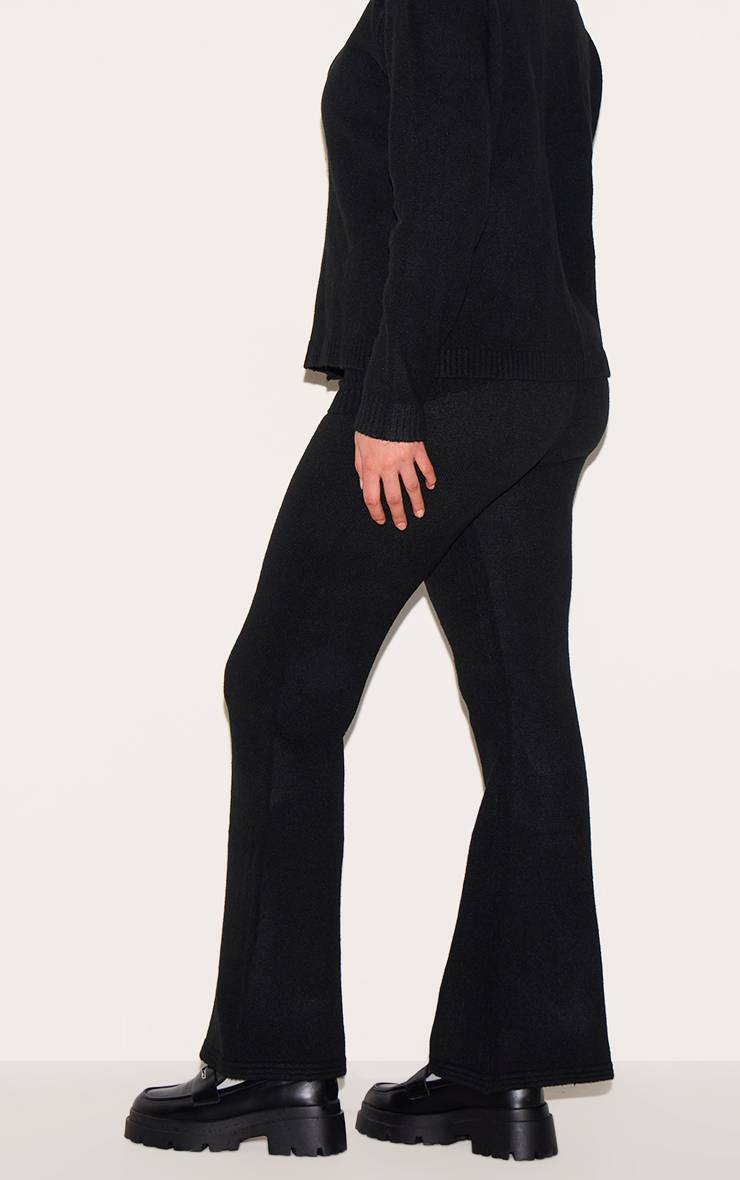 Noir Pantalon Évasé Grande Taille En Maille Douce Chinée Taille Repliable