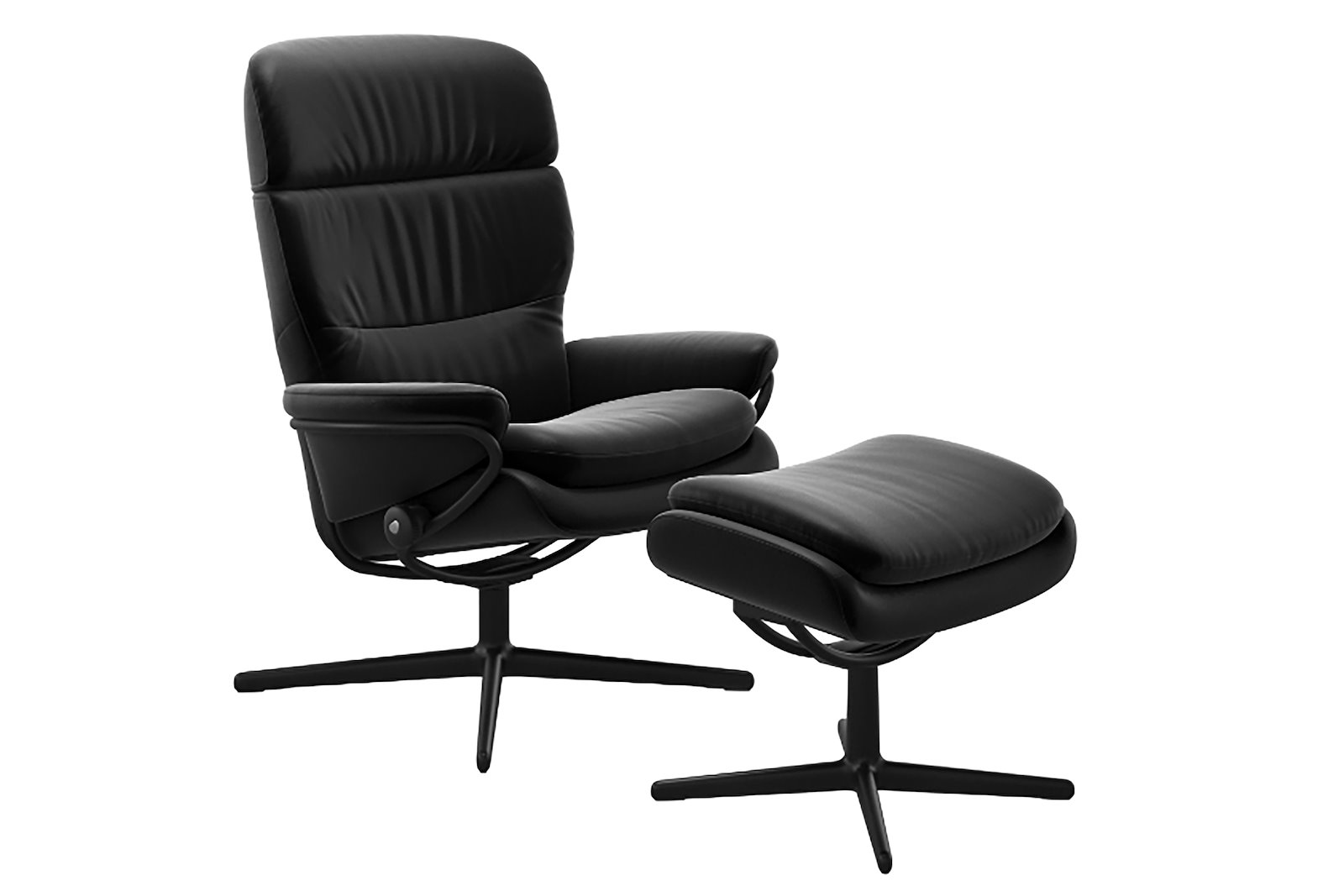 Rome lenestol m/krakk Medium stol med regulerbar nakkestøtte. I hud Paloma Black og Cross-understell i sort. Med krakk.