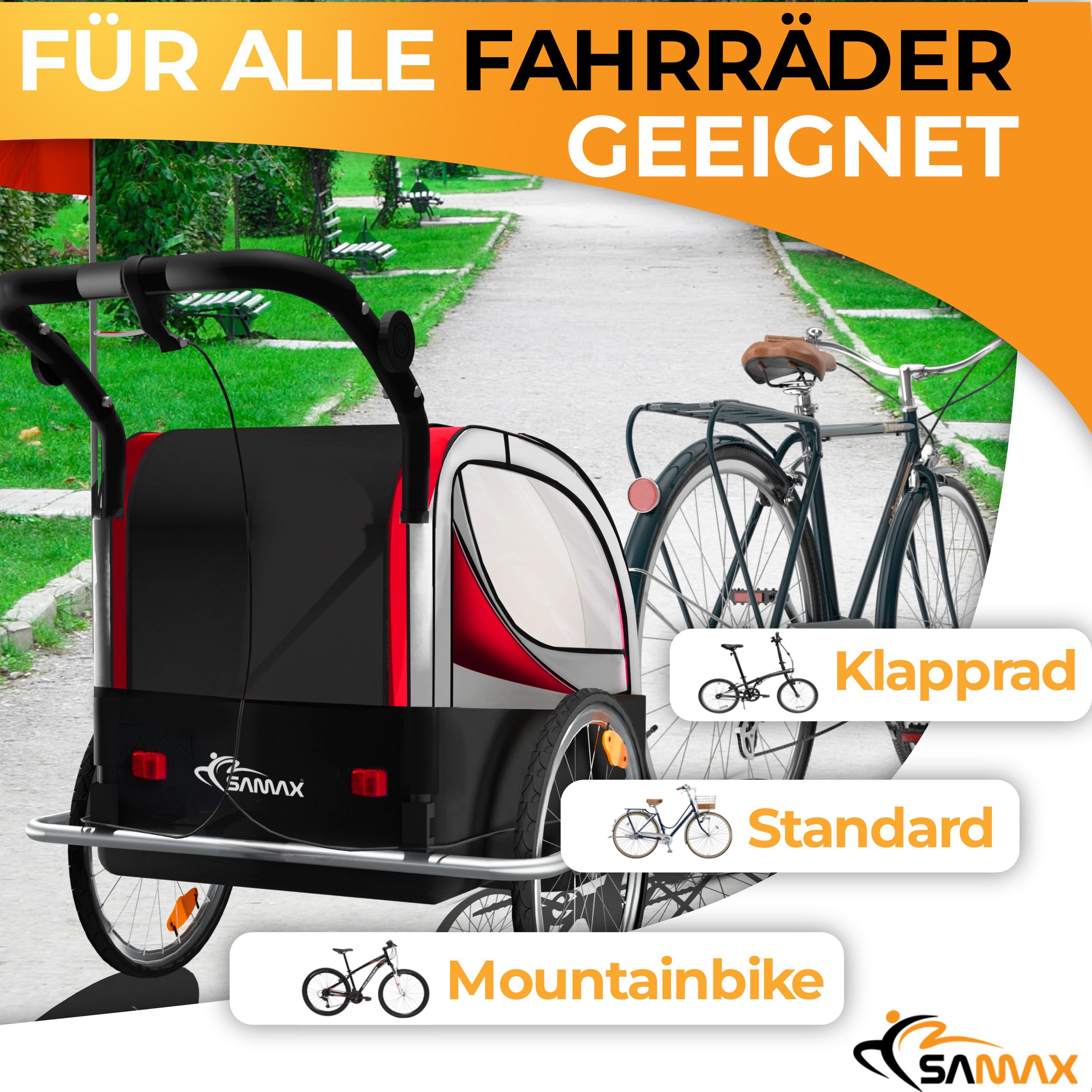 SAMAX 360° drehbarer Fahrradanhänger 2in1 Jogger - in Rot - Silver Frame