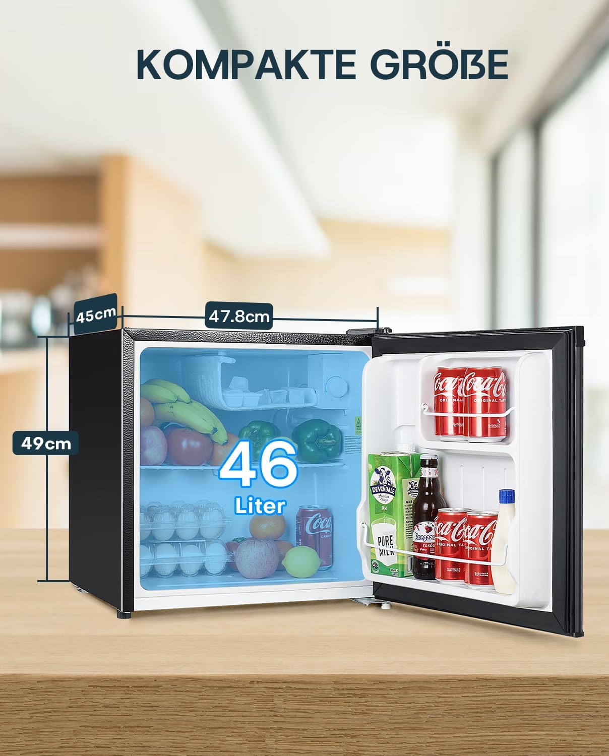 Upstreman 46L Mini-Kühlschrank mit Gefrierfach, Energiesparend und Leise - Kleiner Kühlschrank Ideal für Schlafzimmer und Wohnräume