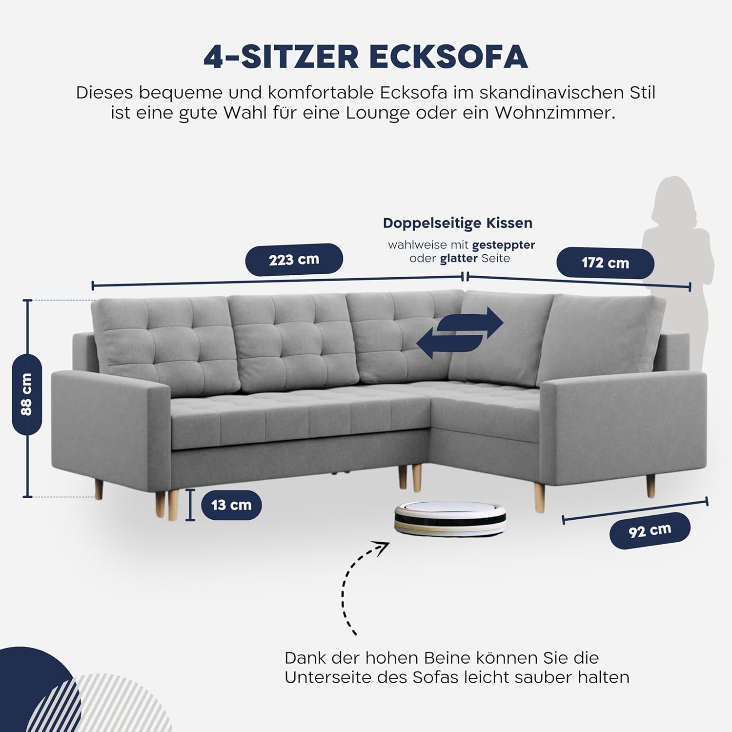 Mebligo - Ecksofa mit Schlaffunktion und Bettkasten Elma, Eckcouch mit Ottomane Rechts, Sofa L Form (BxTxH) 223 x 172 x 88 cm, Couch Wohnzimmer, Ecke Sofa, Grau (Lux 32)