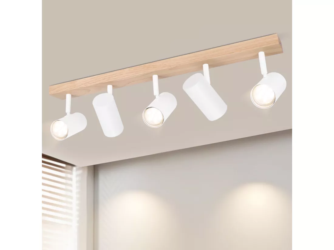 NETTLIFE Spot de Plafond 5 Flammes Bois Blanc Vintage GU10 Orientable 350°
