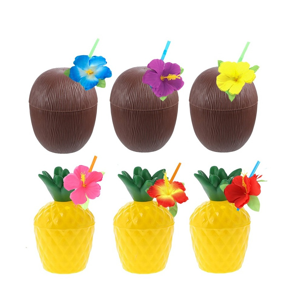 (6er Set) Mehrweg Cocktail Trinkbecher Sommer Party Hawaii Deko Getränke Becher mit Strohhalm - Kokosnuss / Ananas