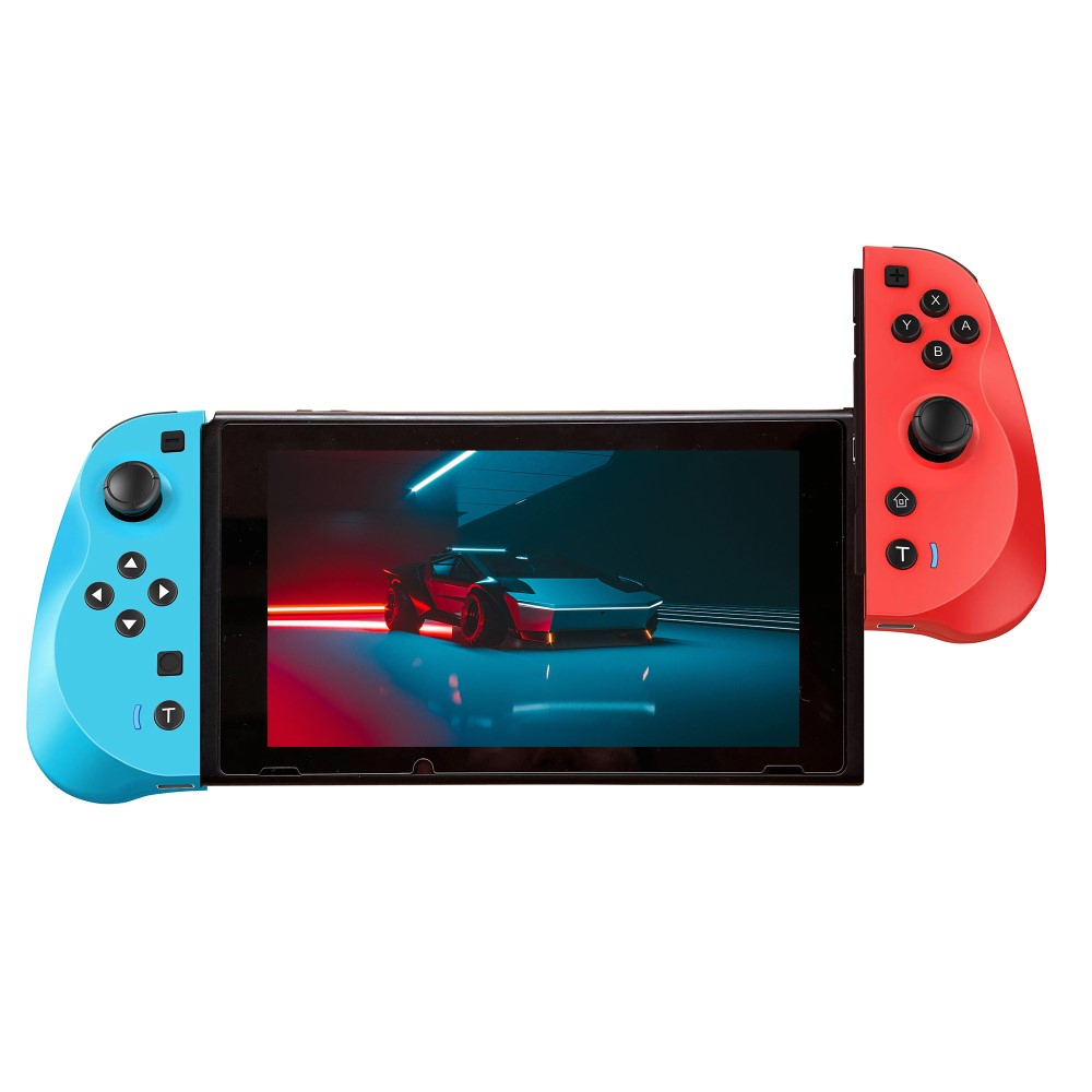 (2er Set) Gamepad Controller mit Turbofunktion und Halterung   Handschlaufe kompatibel mit Nintendo Switch / OLED - Rot / Blau