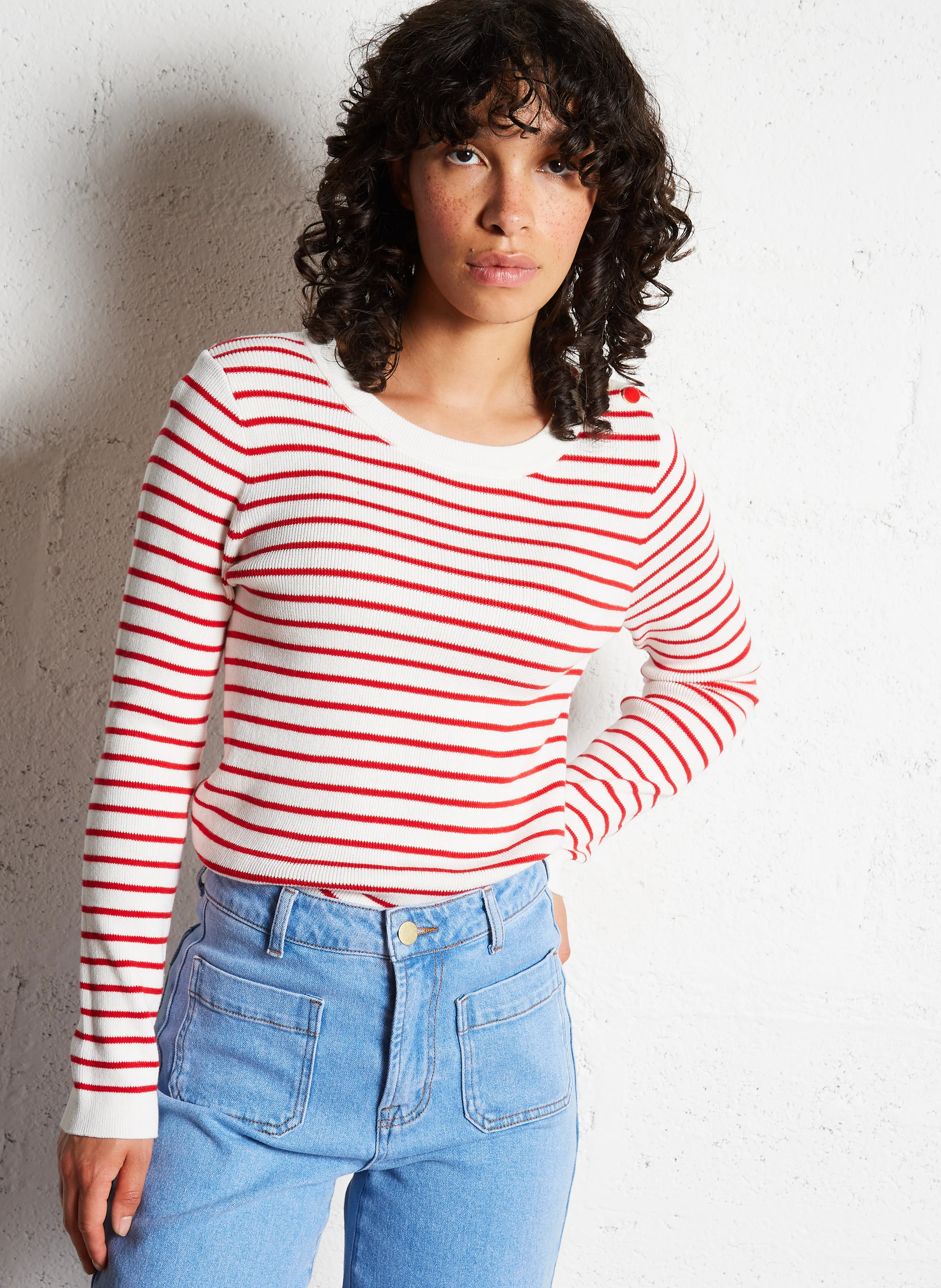 MOLLY - Pull col rond droit en coton rayé | Rose