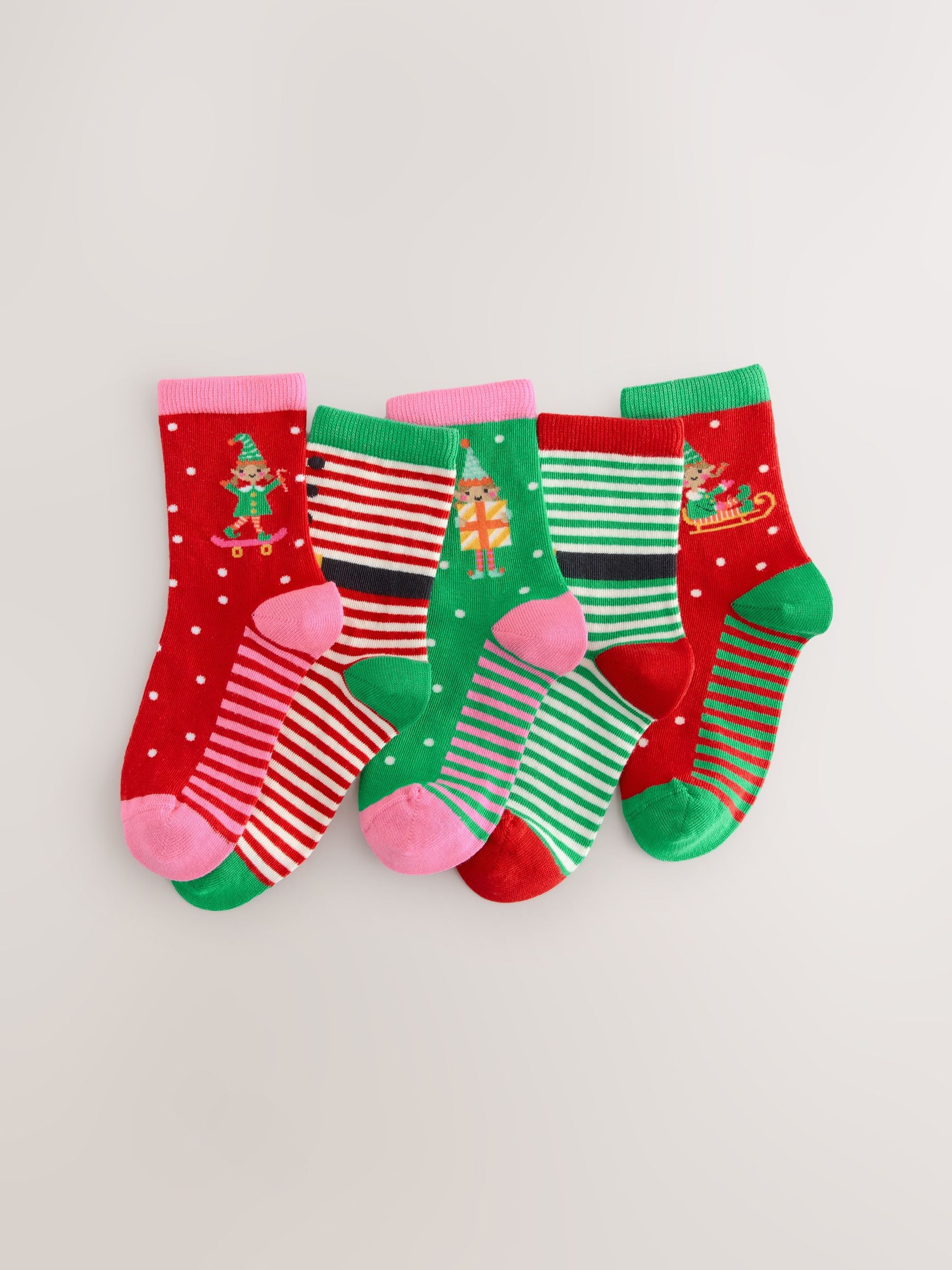 Rood/groen - Set van 5 paar enkelsokken met kerstfiguren en een hoog katoengehalte