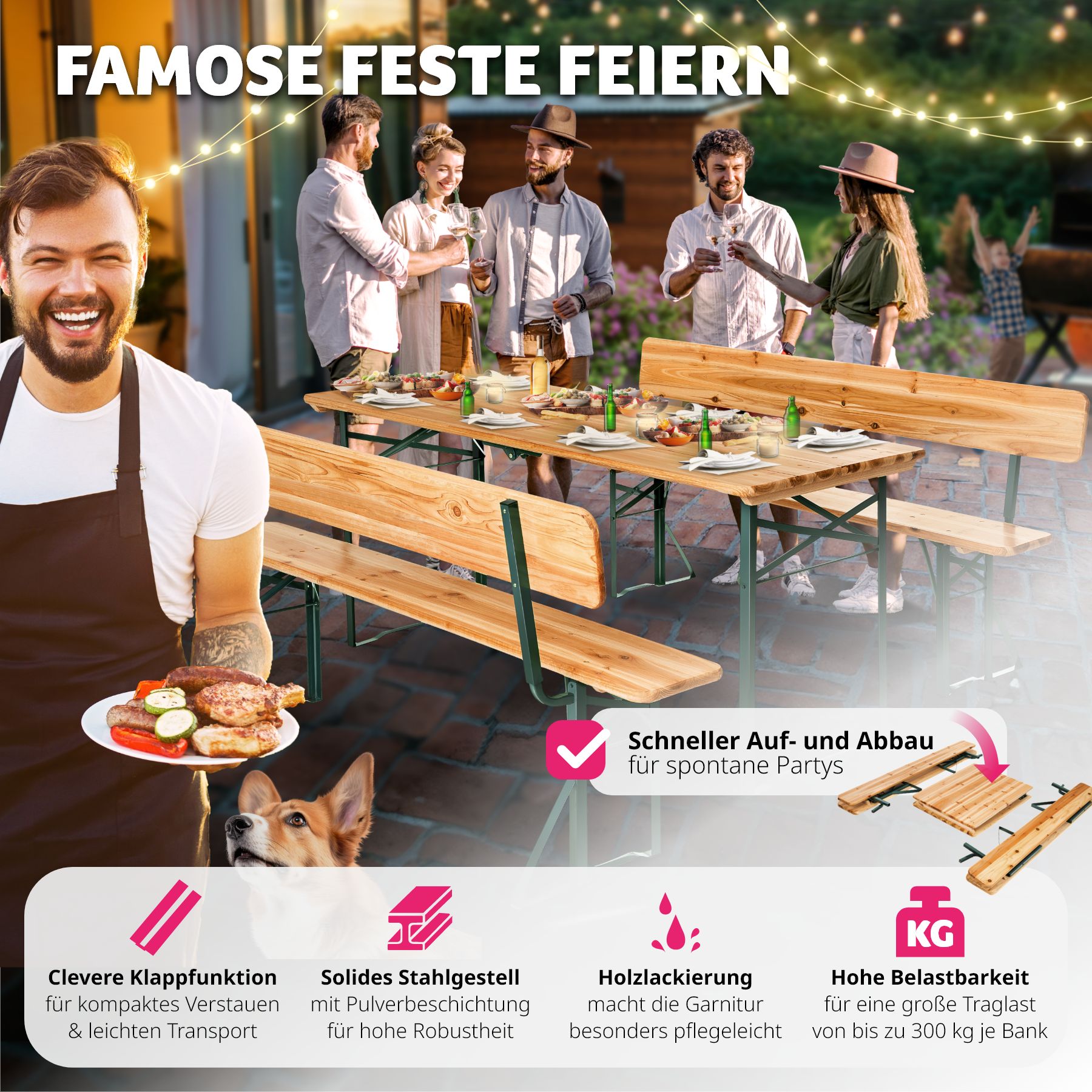 tectake® Bierzeltgarnitur, 3-teilig, belastbar, Holzlackierung mit Klarlack