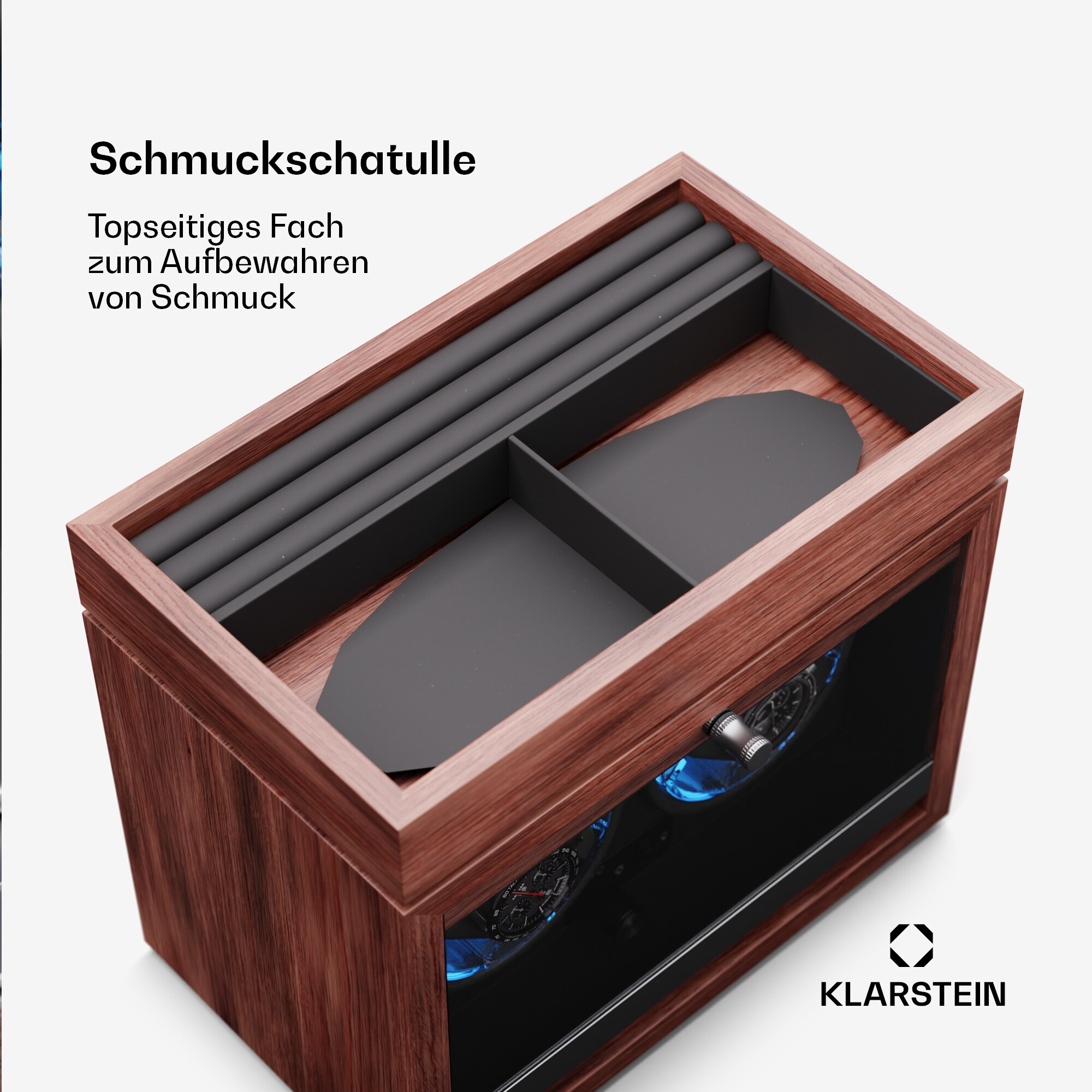 Brienz 2 Uhrenbeweger, 2 Uhren, 4 Modi, Holz-Optik, blaue Innenbeleuchtung, Schmuckfach Walnuss