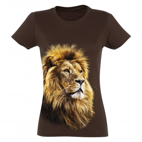 Camiseta feminina com estampa de leão, marrom