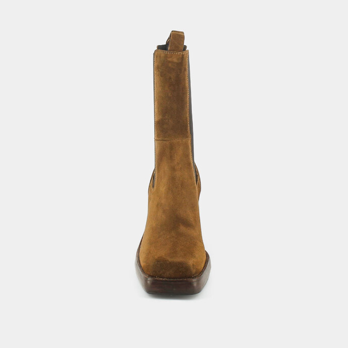 Bottines à talon, bout carré et élastique  en croute cognac