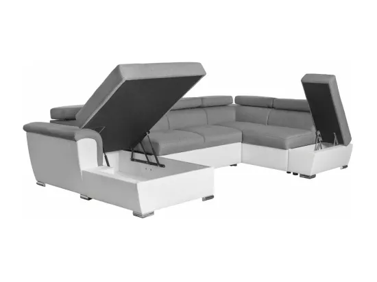 Canapé panoramique convertible avec 2 coffres Paola en tissu et simili - Blanc/Gris - L320,5 x P188 x H76cm - Loungitude