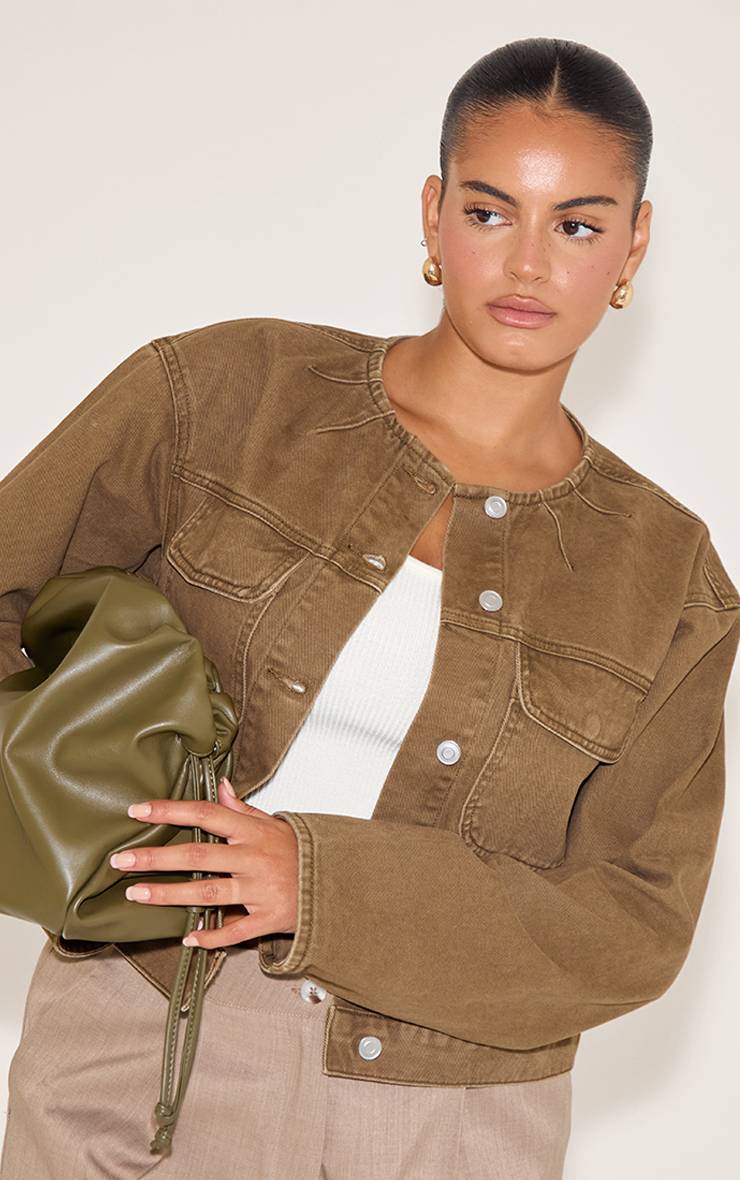 Marron Veste En Jean Sans Col Avec Détails Grande Taille