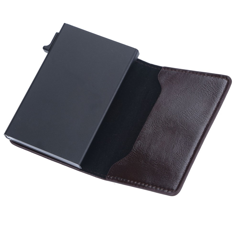 Mini Kreditkarten Leder Etui Geldbörse mit Kartenauswurf-Mechanismus für 10 Karten (RFID Schutz) - Dunkelbraun
